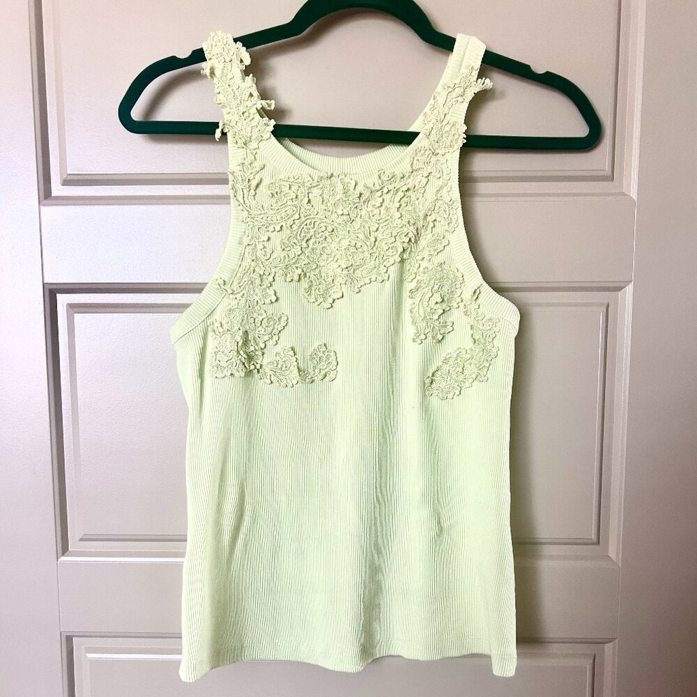 Anthropologie Pale Yellow Lace Appliqué Ribbed Tank Top